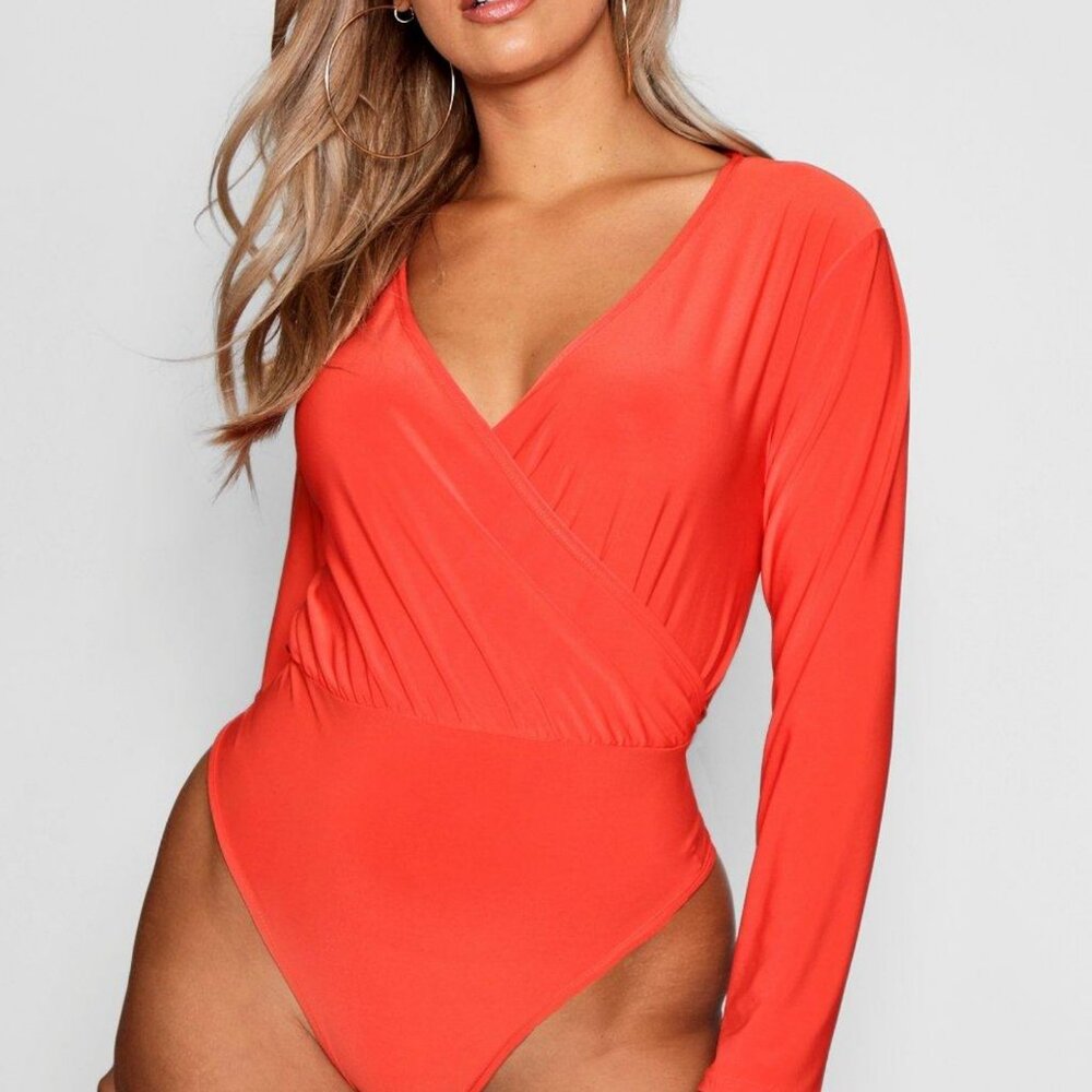 Plus Slinky Orange Wrap Over Bodysuit | Boohoo | NWT